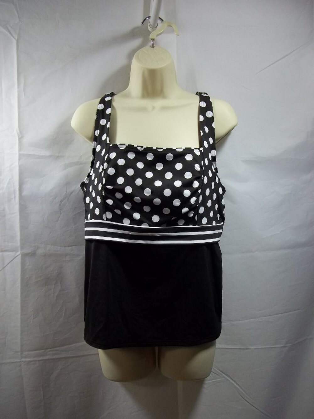 Lands' End Womens Tankini Swim Top Plus Size 14W Dots Striped Padded Black White